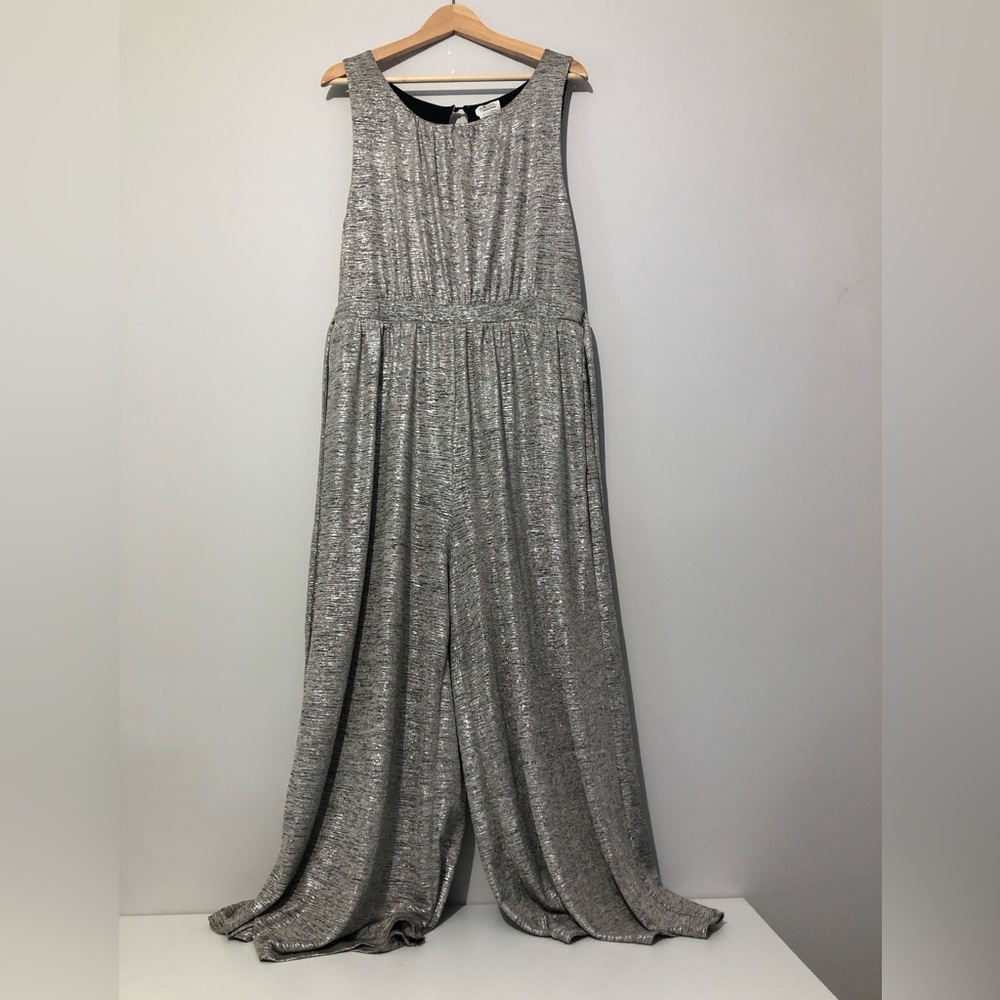 Meadow Rue Anthropology Metallic Silver Wide Leg Jumpsuit Women’s Large
